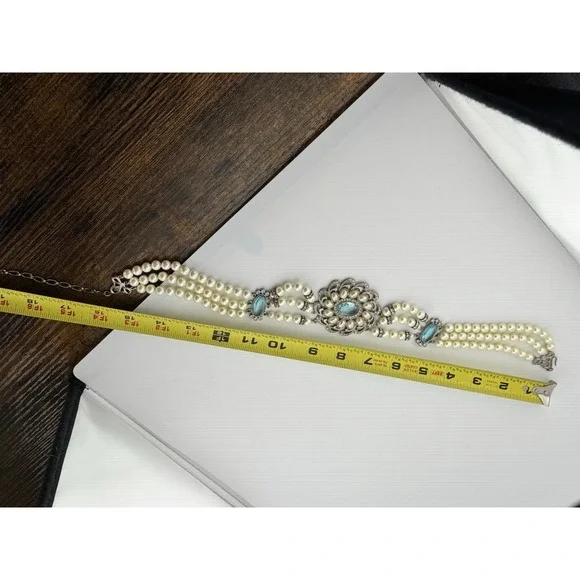 VTG 1928 Faux Pearl 3 Strand Choker Necklace Blue Clear Stones LRG Pendant - Picture 13 of 14